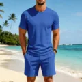 Blue waffle knit short sleeve t-shirt and shorts set worn by model on beach scene. - S / Top And Bottom / Sapphire Blue