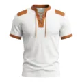 Details of the mens waffle knit short sleeve t-shirt with contrast color drawstring V-neck. - S / Tops / White