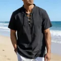 Men short sleeve casual vintage lace up henley shirt for summer beach wear and daily outfits. - S / Tops / Black