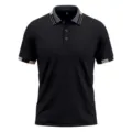 Detail view of men's short sleeve polo shirt in black with contrast collar and cuffs stripe. - S / Tops / Black