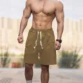 Men casual distressed khaki shorts with adjustable drawstring for summer fitness sportswear. - S / Khaki