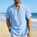 Detailed view of the light blue casual lace-up henley short sleeve shirt for men. - S / Tops / Sky Blue