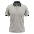 Men's short-sleeve polo shirt detail, grey fabric with striped collar and cuffs trim. - S / Tops / Light Gray