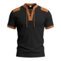 Men's short sleeve waffle knit t-shirt with contrast color lace-up V-neck casual top. - S / Tops / Black