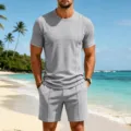 Detail view of men's summer casual waffle knit short sleeve t-shirt and shorts set grey. - S / Top And Bottom / Light Gray