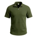 Men's Summer Short Sleeve Polo Shirt Vintage Waffle Knit Metal Zipper Collar Casual Top - S / Tops / Army Green
