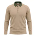 Detail view of the khaki long-sleeve polo shirt featuring a contrast green knit collar and buttons. - Khaki