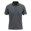 Detailed view of men's dark gray short sleeve polo shirt featuring stylish contrast collar and cuffs. - S / Tops / Dark Gray