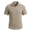 Close-up detail of the waffle textured knit fabric, half-zip collar, short sleeve polo shirt. - Khaki