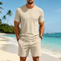 Casual men's waffle knit short sleeve and shorts set summer beach outfit comfortable daily wear - Apricot