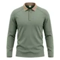 Close-up of men's long sleeve polo shirt, contrasting lapel collar, fine ribbed knit details. - Light Green