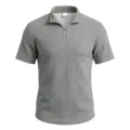 Men's Casual Waffle Knit Short Sleeve Polo Shirt with Zipper Collar for Summer - Light Gray