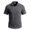 Close-up view of the dark grey waffle-knit texture and half-zipper stand collar detail. - Dark Gray