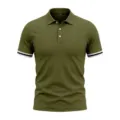 Detailed view of men olive green polo shirt with contrast striped cuffs and buttons. - S / Tops / Army Green