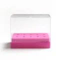 Clear plastic nail drill bit storage box with pink base and holder stand, portable organizer. - 10 Heads