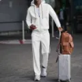 Men's casual hooded zip-up jacket and trousers tracksuit set detail view in white. - S / Top And Bottom / White