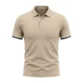 Men's casual khaki short sleeve polo shirt detail showing striped cuffs and collar size tag. - S / Khaki