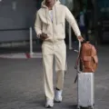 Detail view of men casual hooded tracksuit set in beige, perfect for travel lifestyle. - S / Top And Bottom / Khaki