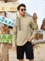 Detailed view of men long sleeve mandarin collar shirt with black ethnic embroidery beach style. - S / Tops / Khaki