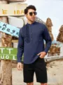 Men long sleeve mandarin collar shirt dark blue ethnic embroidery casual shirt spring autumn - S / Tops / Navy Blue