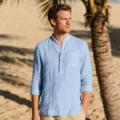 Men's casual linen long sleeve shirt beach top detail view showing fabric and pocket style. - S / Tops / Sky Blue