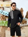 Men's long sleeve mandarin collar casual shirt with ethnic white embroidery details. - S / Tops / Black