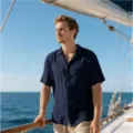 Camisa de lino de manga corta casual para hombre transpirable botones parte superior de playa - Azul marino