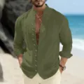 Men's casual long sleeve linen shirt with band collar and button down for summer beach. - S / Tops / Army Green