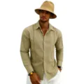 Detailed view of men's casual long sleeve khaki shirt with front pintuck details. - S / Tops / Khaki