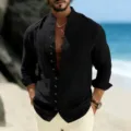 Men's casual long sleeve linen shirt with mandarin collar for summer beach wear. - S / Tops / Black