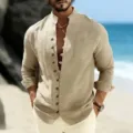 Men summer linen long sleeve shirt casual button down stand collar beach top apparel style - S / Tops / Khaki