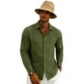 Detailed view of men's casual long sleeve green beach shirt featuring elegant vertical pintuck details. - S / Tops / Army Green