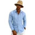 Men's casual long-sleeve beach shirt detail, stylish button-down collar design for summer. - Sky Blue
