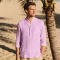 Men's casual long sleeve linen beach shirt with mandarin collar and chest pocket in light purple. - S / Tops / Pink