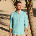 Men's casual long sleeve linen shirt beach mandarin collar solid color breathable top - S / Tops / Emerald Green