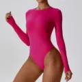 Pink long sleeve bodysuit detail view, perfect for yoga, fitness or everyday fashion. - S / Rose Red