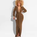 Sexy deep V-neck long sleeve bodycon maxi dress with high split, perfect for evening parties. - S / Dresses / Brown
