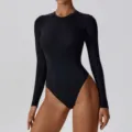 Women Black Long Sleeve Bodysuit High Cut Sexy Slim Fit Leotard Basic Daily Top Wear - S / Premium Black