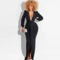 Close-up detail of the black long sleeve deep v-neck high slit sexy club maxi dress. - S / Dresses / Black