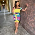 Women's off-shoulder striped ribbed tied patchwork bodycon jumpsuit for fashion daily wear - S / Blue-Yellow