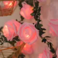 Catena luminosa LED con rose rosa e ghirlanda di foglie verdi per decorazione camera. - 1.5m 10 Luci / Rosa
