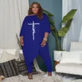 Conjunto de dos piezas de talla grande para mujer azul real con top asimétrico y leggings con fe. - L / Top Y Parte Inferior / Azul