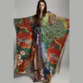 Splendido copricostume da spiaggia kimono kaftano con stampa drago e pavone per vacanze estive donna. - Accappatoio / Taglia unica / Multicolore