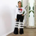 Stylish women high waist flared denim pants with mesh patchwork details, comfortable fit. - S / Bottoms / Black