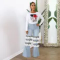 Women high waist patchwork flared denim pants with stylish tiered ruffles for daily casual wear. - S / Bottoms / Light Blue
