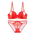 Vue détaillée de l'ensemble soutien-gorge en dentelle rouge et culotte, avec armatures. - 70B / Haut et Bas / Rouge
