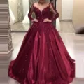 Burgundy long sleeve deep V-neck evening dress, elegant sequin lace bridal gown for women. - S / Dresses / Red