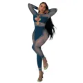 Sexy mesh leopard print cut-out long sleeve jumpsuit with pearl buttons for women. - Dark Blue