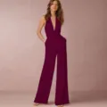 Sexy sleeveless halter wide-leg jumpsuit for women, elegant solid color casual pants main view. - Burgundy
