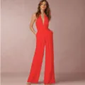 Stunning red sleeveless halter neck wide leg jumpsuit for women, elegant casual fashion style. - S / Set / Red